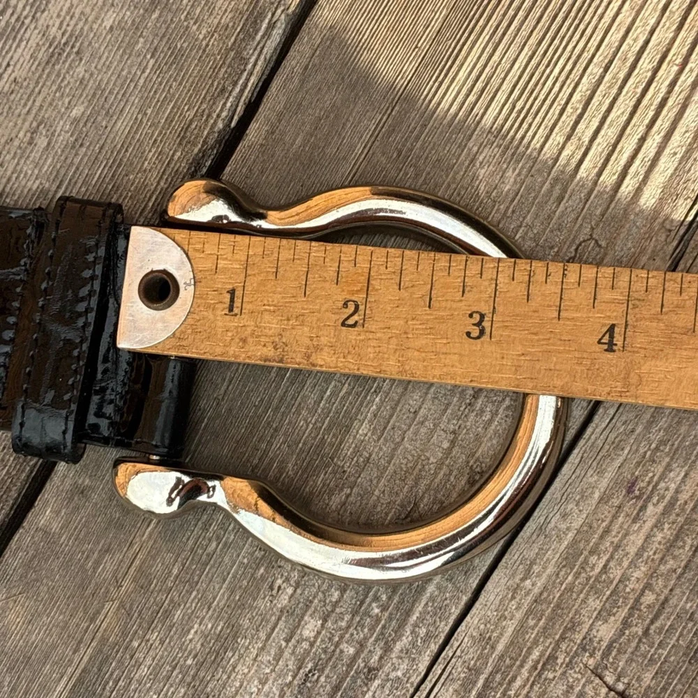 Cache Belt 40' Croc Embossed Patent Leather Wide Black L Horseshoe Buckle 7227